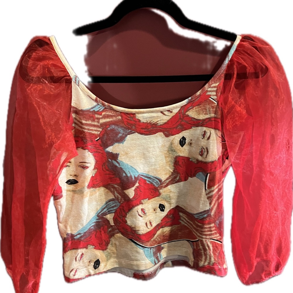 Vintage Boutique E-play red designer silk & painted blouse SIZE SMALL